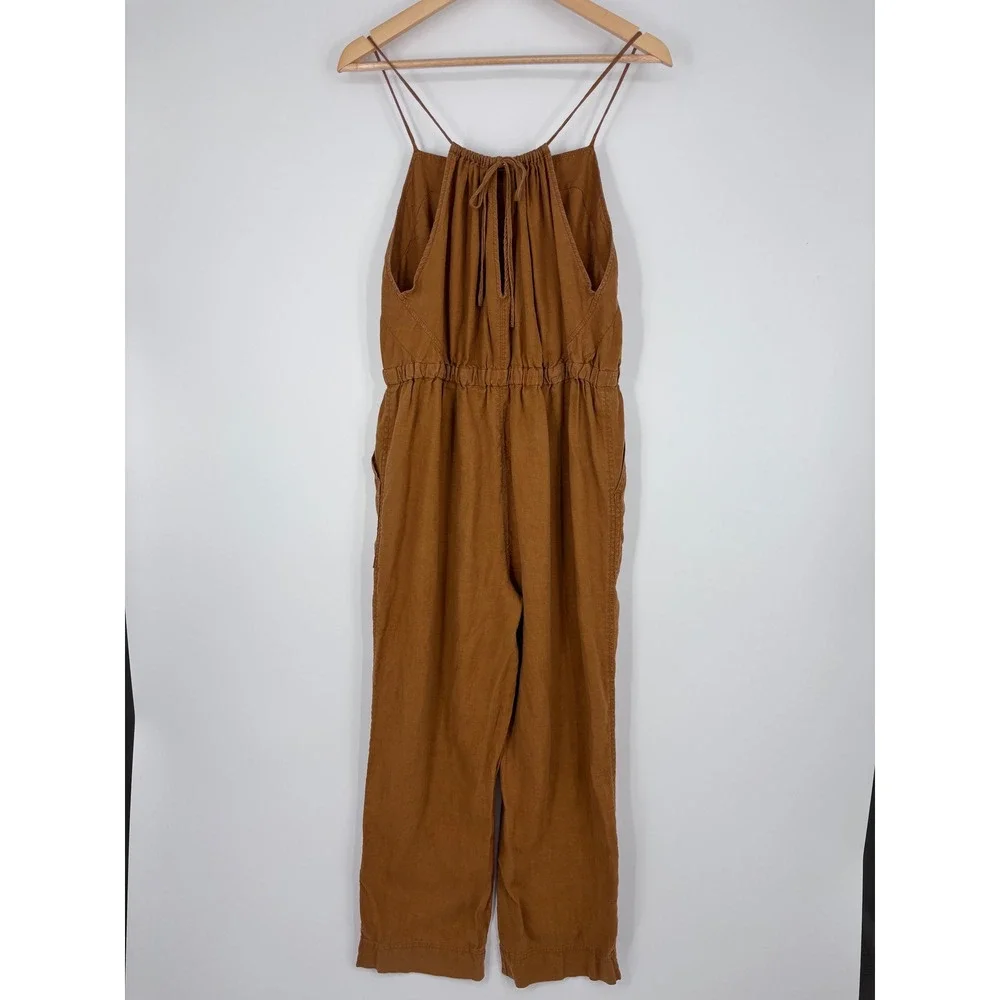 Everlane The Shoestring 100% Linen Apron Jumpsuit Womens S Brown Elastic Waist
